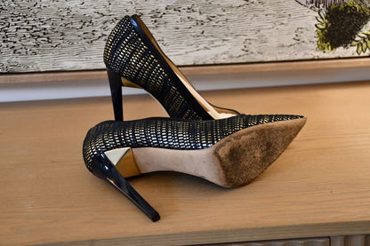 Jimmy Choo Imogen 110 Woven Metallic Stiletto Shoes (37)