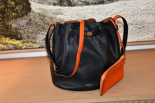 pre owned Mulberry Abbey Small Leather Bucket Bag with orange zip purse