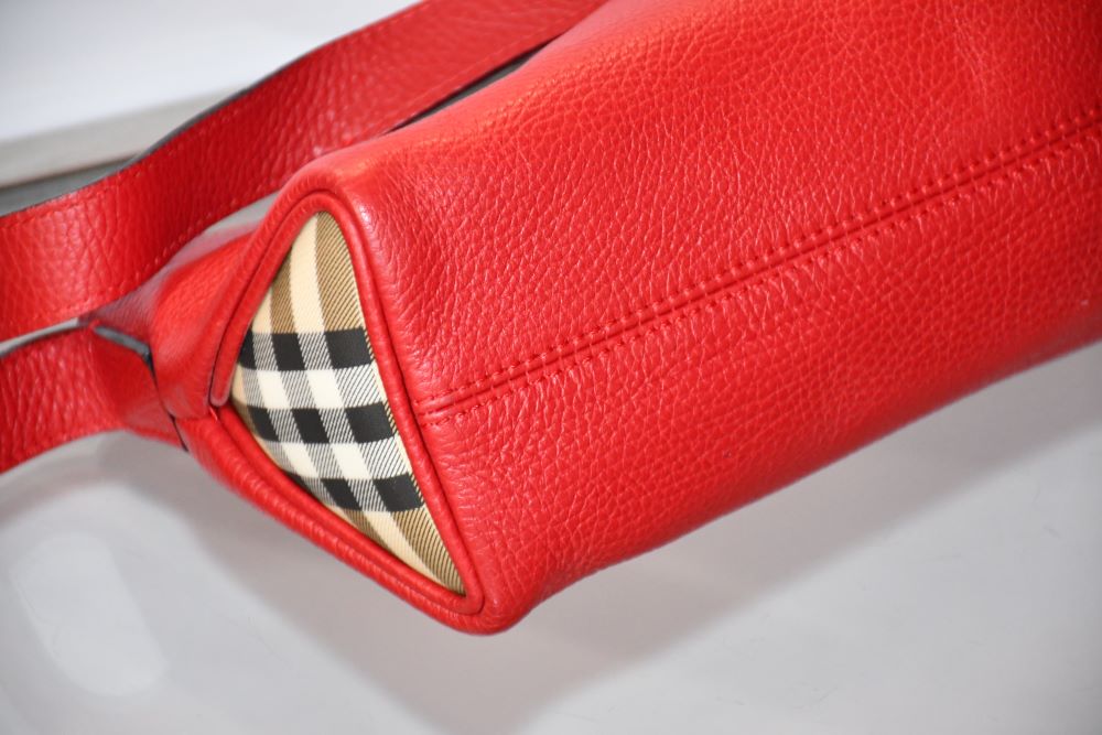 Burberry Red Leather and Nova Check Horn Toggle Bag