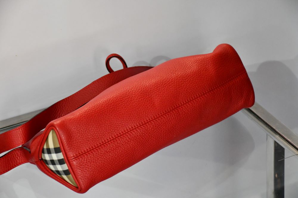 Burberry Red Leather and Nova Check Horn Toggle Bag