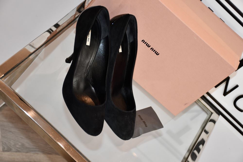preloved miu miu black suede shoes patent heels the white dress agency