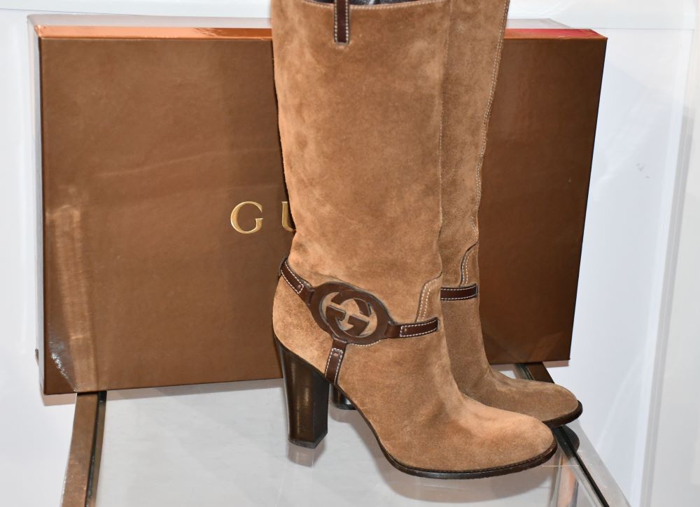 Gucci Mid-Calf Brown Suede Lifford GG Boots with box