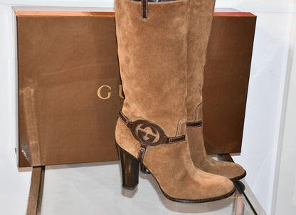 Gucci Mid-Calf Brown Suede Lifford GG Boots with box