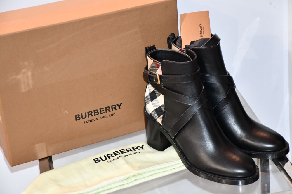 preowned unworn Burberry Black & Archive Beige Pryle Ankle Boots with box