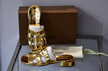 pre owned Burberry Lyna Leather Gold Slider Sandals with box and dustbag