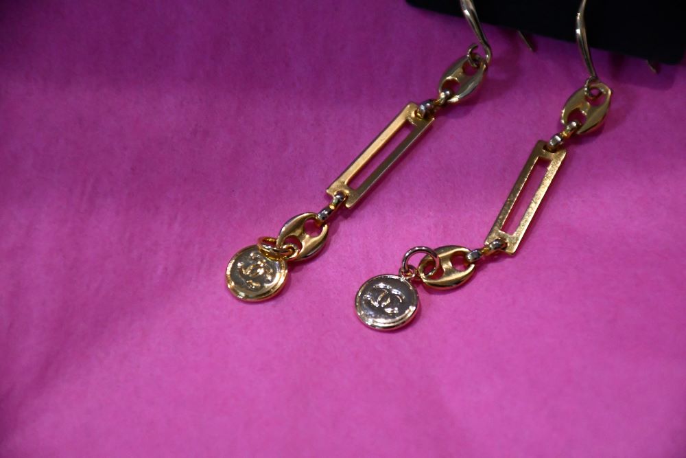 Reworked Chanel Perfume Bottle Charm Necklace and CC Drop Earrings