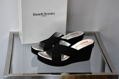 preowned Russell & Bromley Black Cross Strap Wedge sandals with box