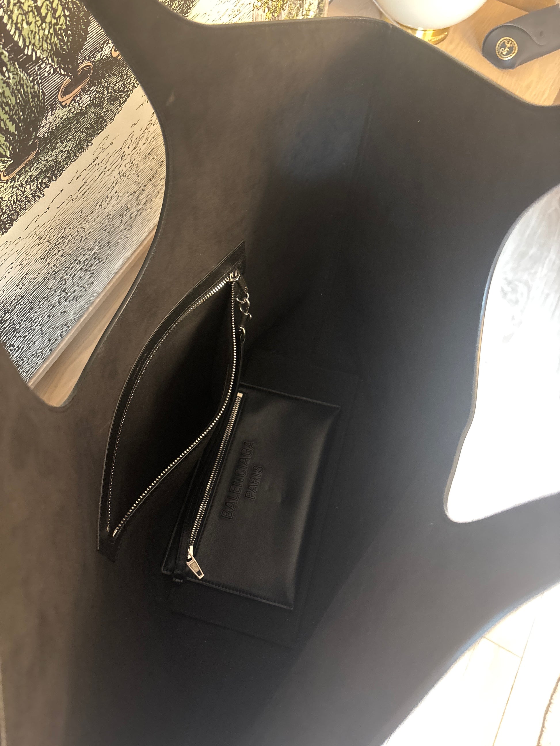 Interior of leather Balenciaga tote 