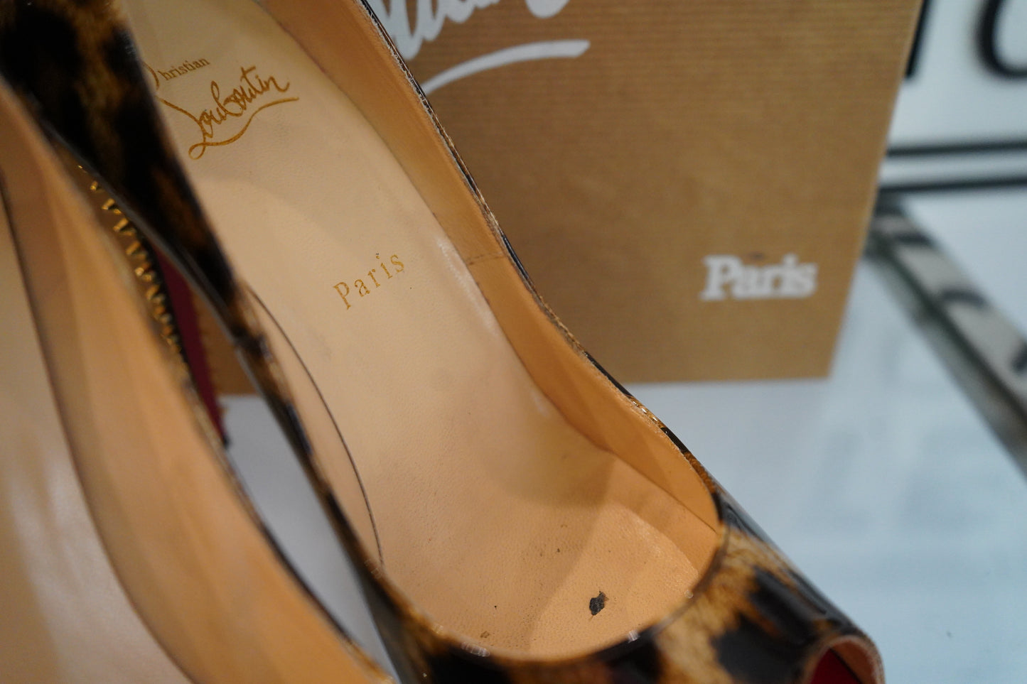 Preowned Louboutin Leopard Print 120 Patent Heels (6)