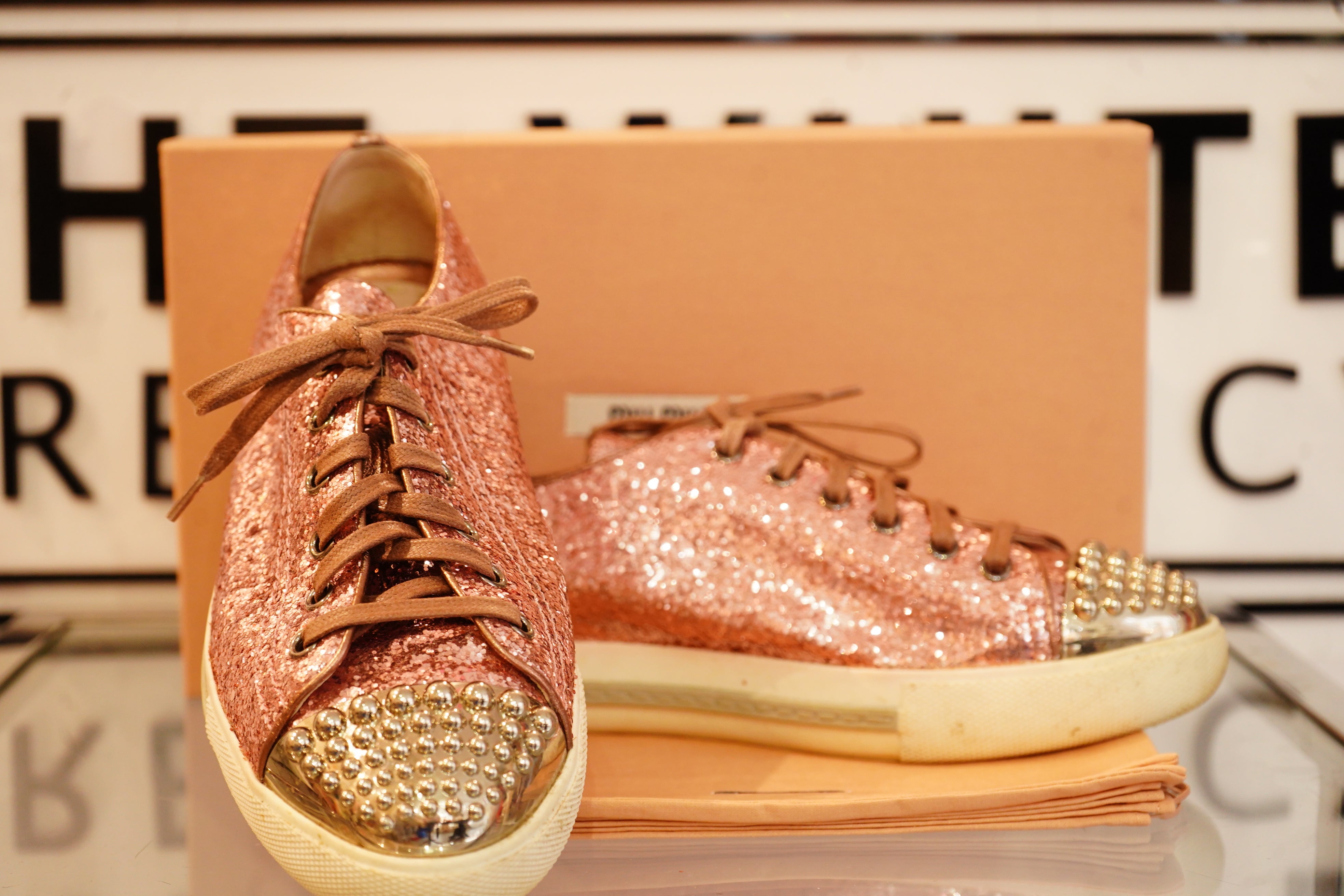 Miu miu gold glitter sneakers on sale