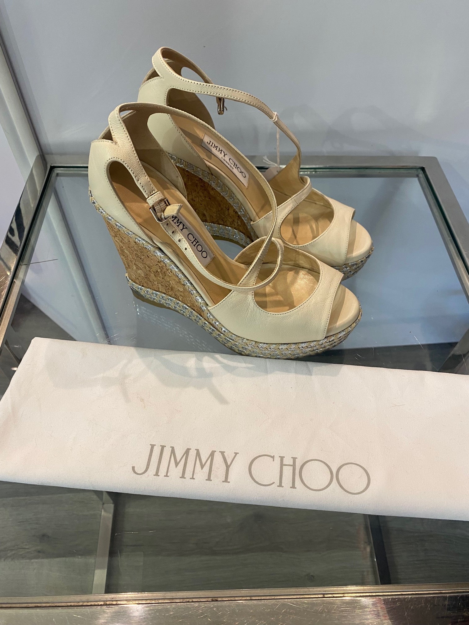 preowned Jimmy Choo Dakota Cream Leather Espadrille Wedge Sandals with dustbag