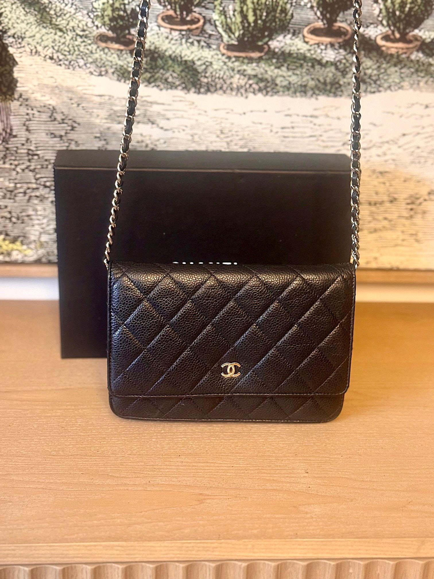 pre owned Chanel Wallet on a Chain black Caviar leather Bag in front of box
