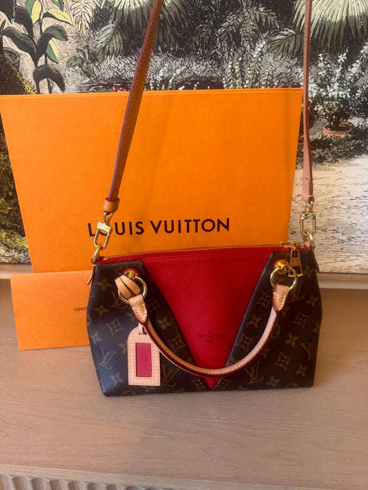 pre owned Louis Vuitton three  V Monogram PM Tote red and brown infront of orange LV box