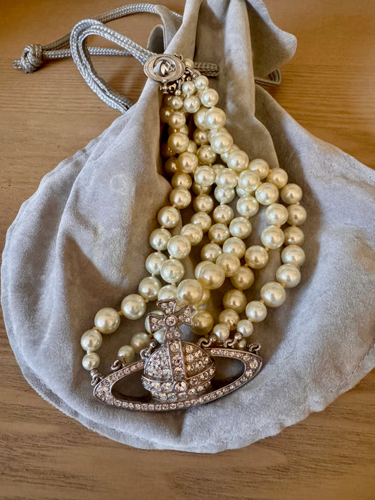 pre owned Vivienne Westwood Three String Orb Choker Necklace on dustbag