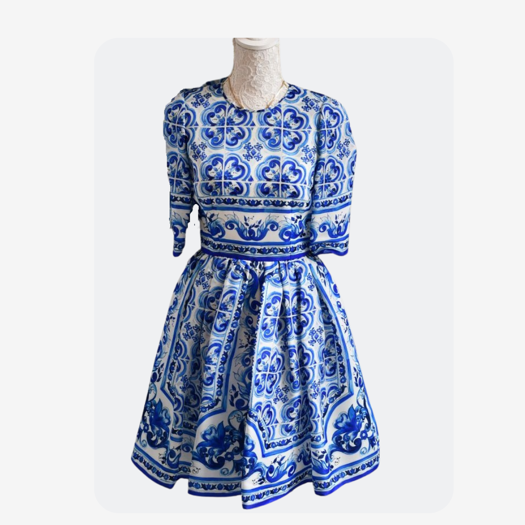 preowned Dolce & Gabbana Majolica Blue and White Silk Dress