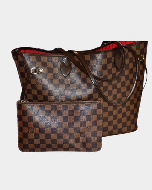 Louis Vuitton Damier Ebene Neverfull MM Tote Bag with Pouch